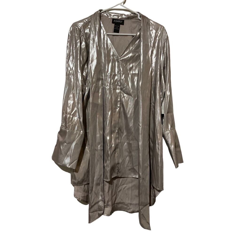 Ashro Catalog Silver Button Up Long Sleeve Blouse top Size LARGE Long Sash Tie